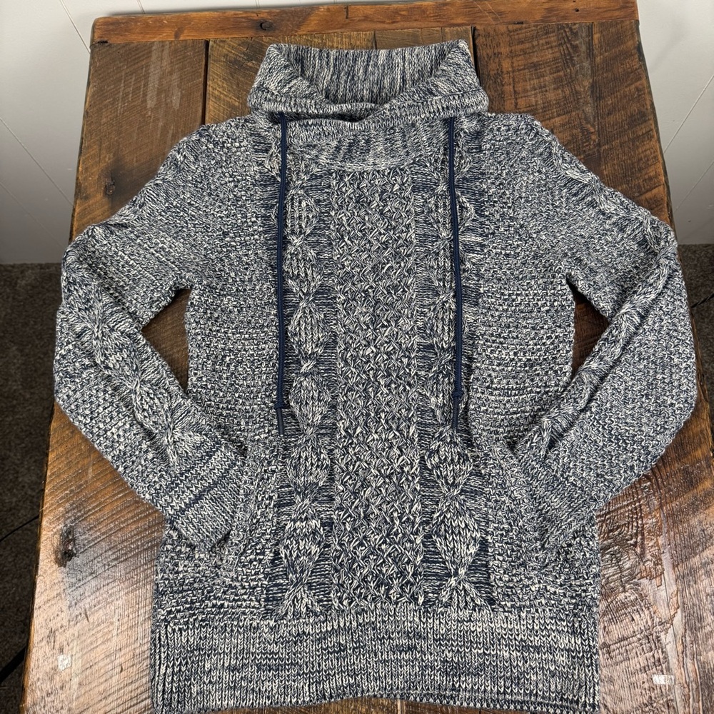 L.L. Bean Signature Sweater Size Small Navy Knit Cowl Neck w/ Kangaroo Pocket